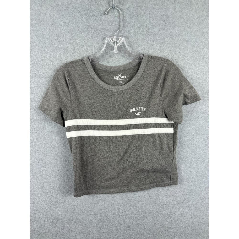 Hollister Cropped Shirt Womens S Gray Short Sleeve Tee Striped Spell Out Workout